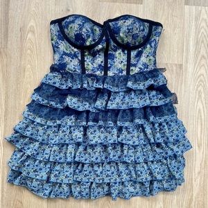 Forever 21 Blue Ruffle Floral Corset Tiered Y2K Mini Dress Bandeau